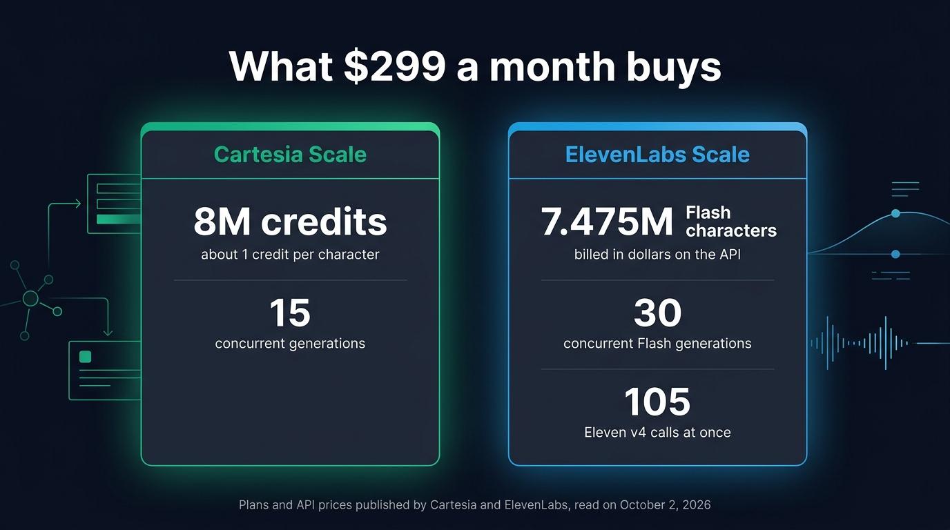 At $299 a month, Cartesia Scale includes 8 million credits and 15 concurrent generations, ElevenLabs Scale 7,475,000 Flash characters on the API, 30 concurrent Flash generations or 105 Eleven v4 calls
