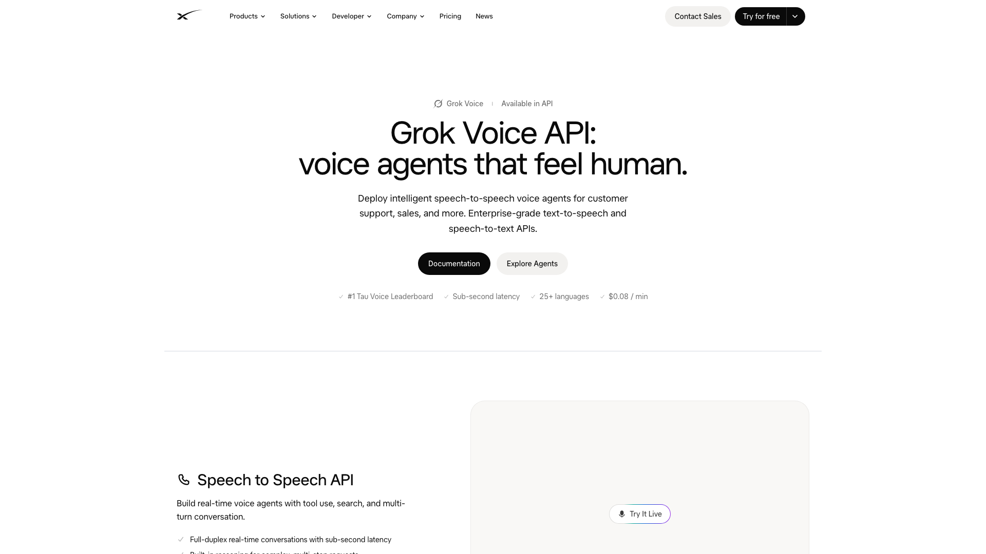 Screenshot of the xAI Grok Voice API page, presenting speech to speech, text to speech and speech to text APIs