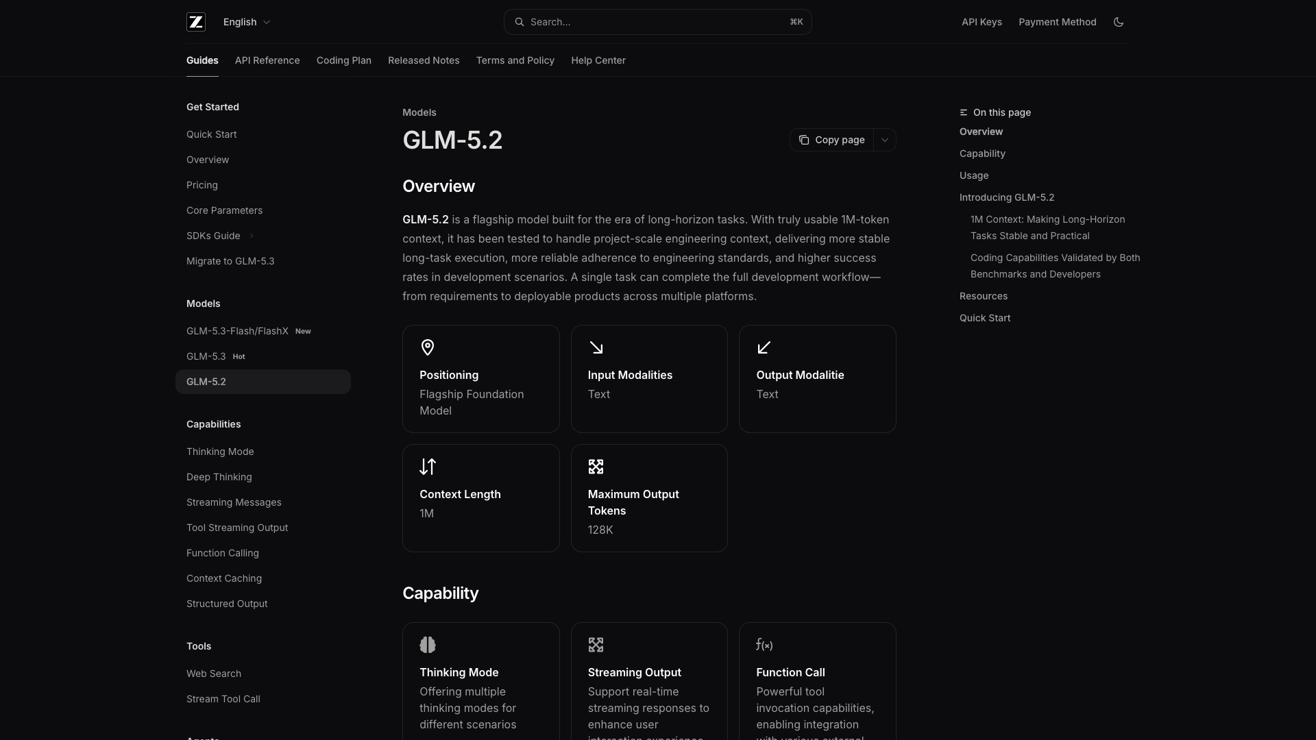 Screenshot of the Z.ai documentation page for GLM-5.2, listing a 1M token context and function calling